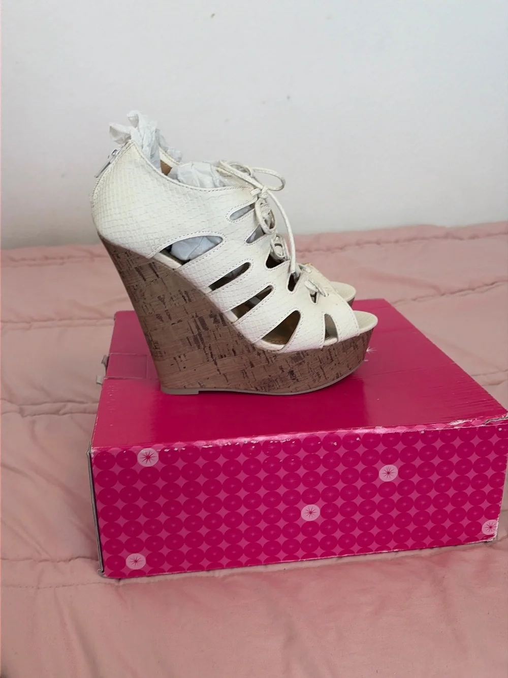 Shoe Dazzle White Lace-Up Cork Platform Wedges